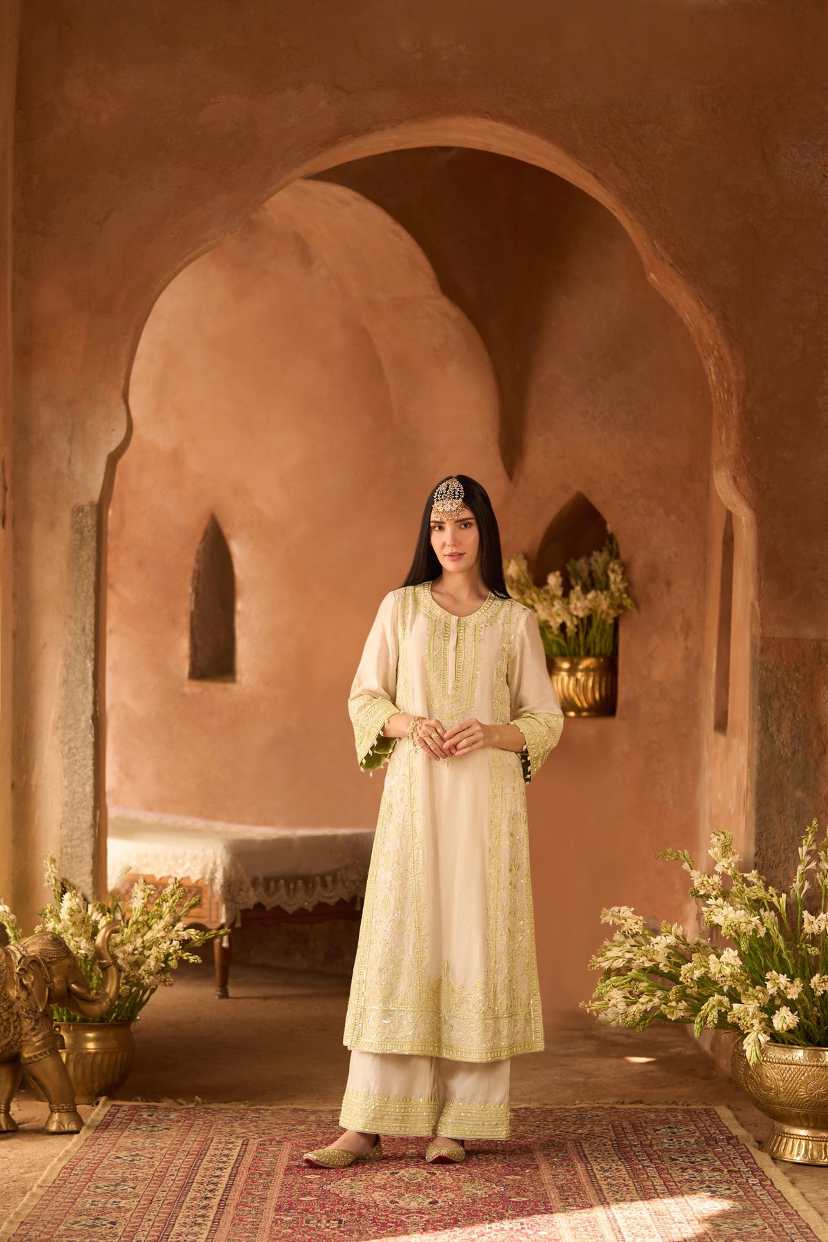 ENA - DAISY IVORY WITH MINT GREEN LONG A-LINE KURTA WITH PALAZZO AND DUPATTA