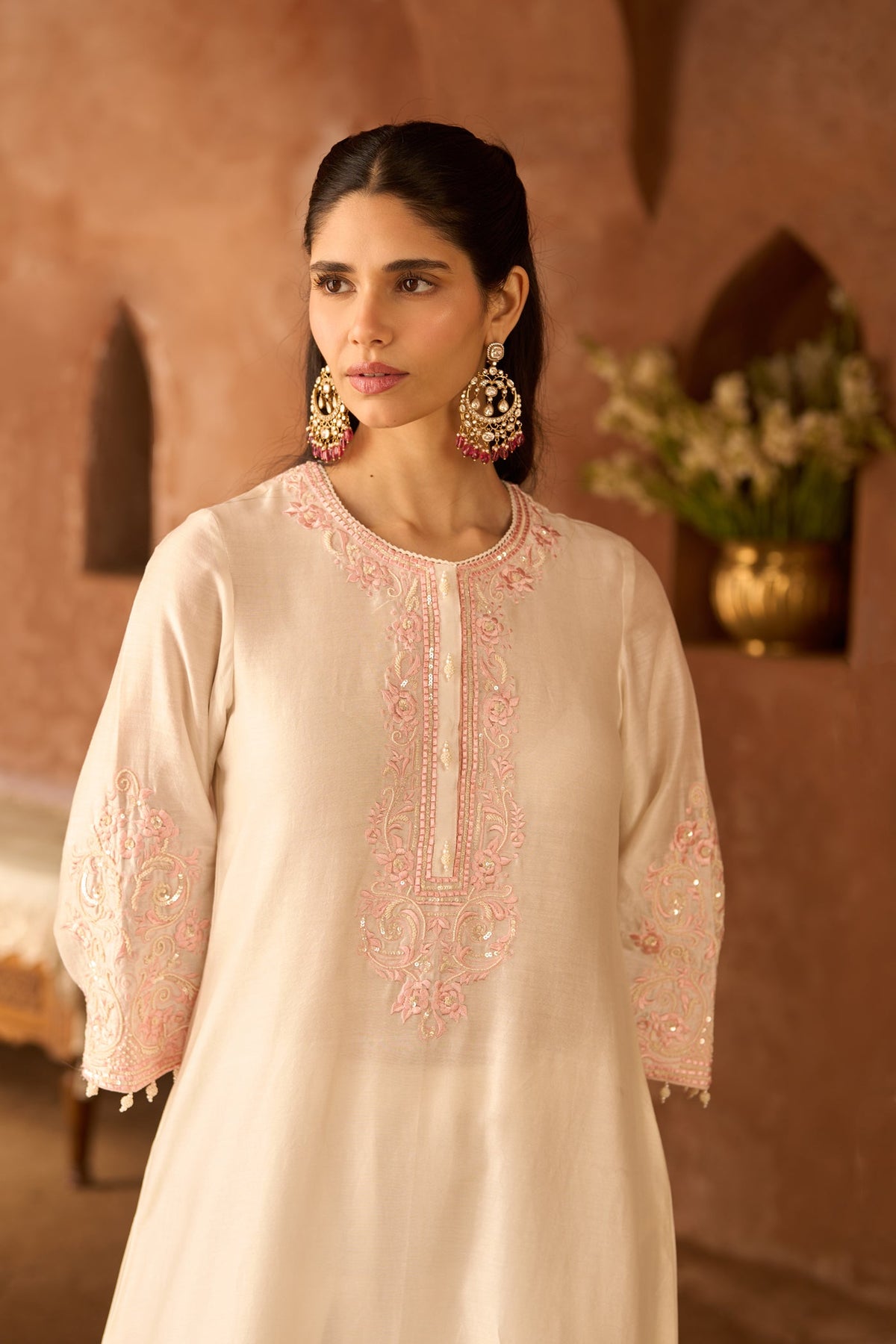 HANI - DAISY IVORY WITH PINK A-LINE KURTA WITH SALWAR AND DUPATTA