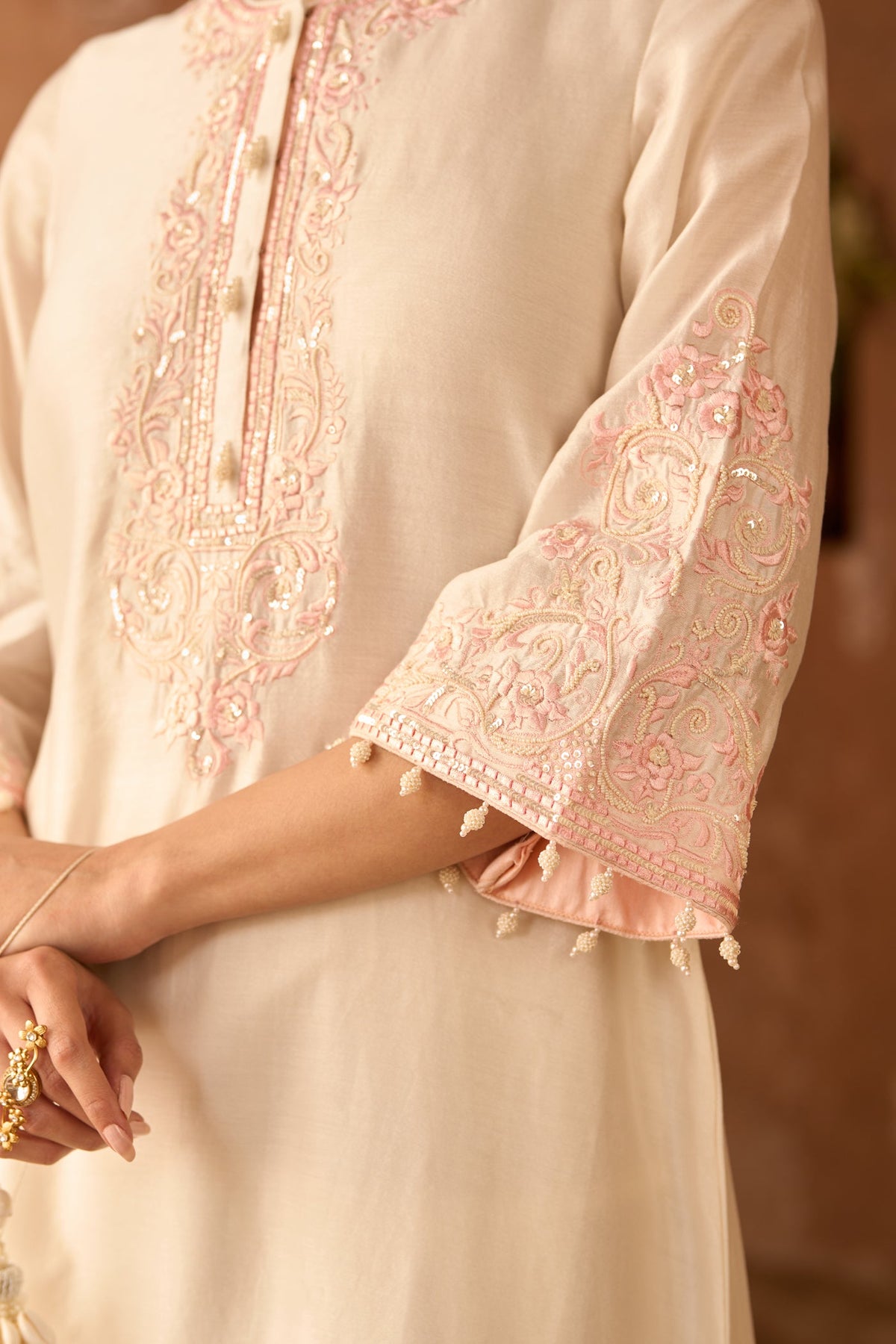 HANI - DAISY IVORY WITH PINK A-LINE KURTA WITH SALWAR AND DUPATTA