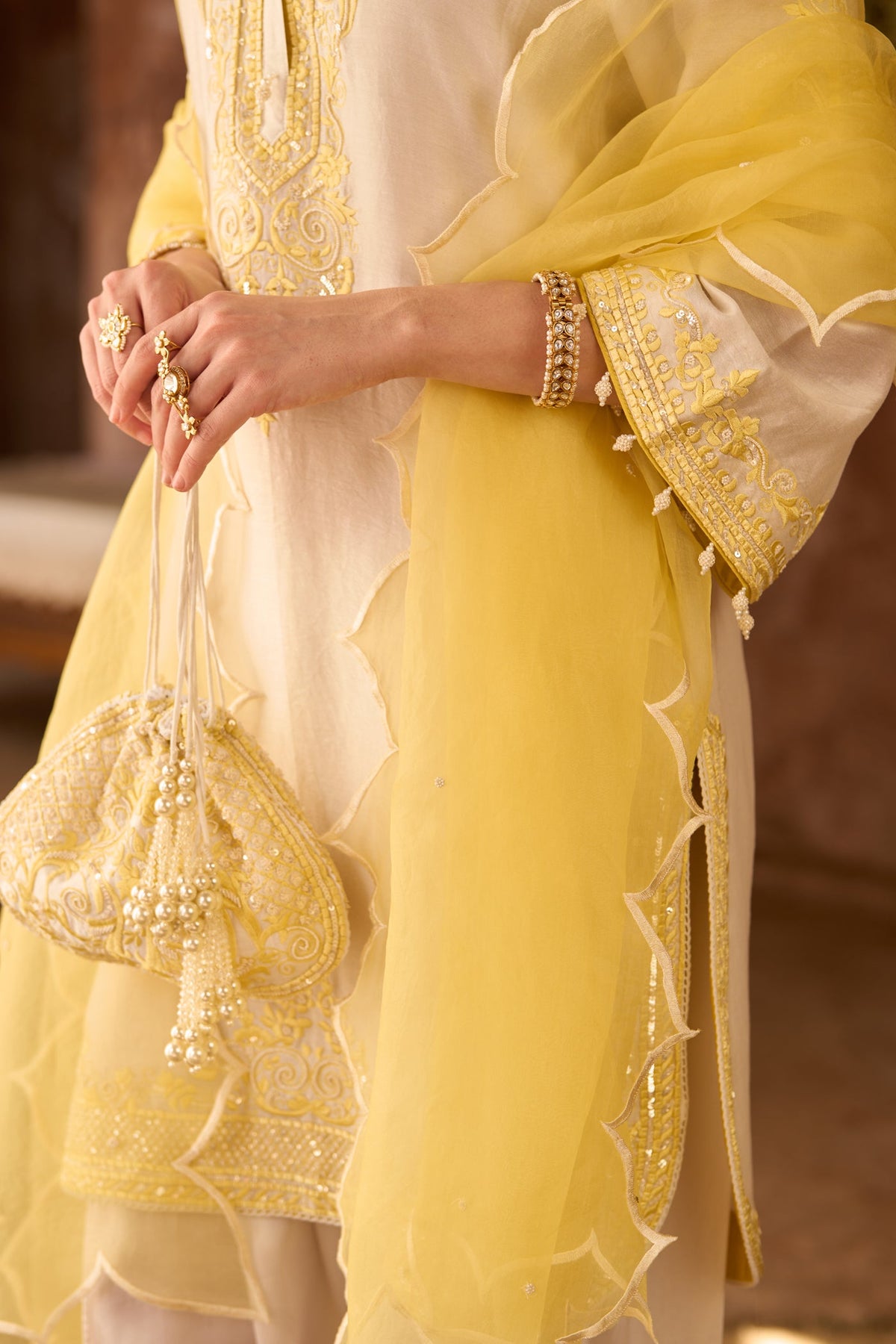 NYRA - DAISY IVORY WITH LEMON YELLOW SHORT KURTA AND DHOTI