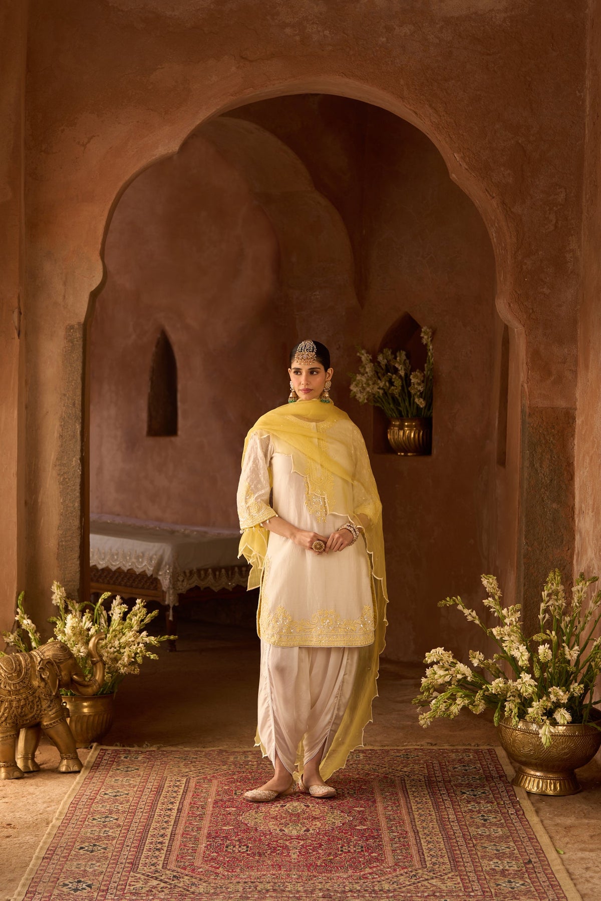 RUHI - DAISY IVORY WITH LEMON YELLOW SHORT KURTA AND DHOTI (LXRTS)