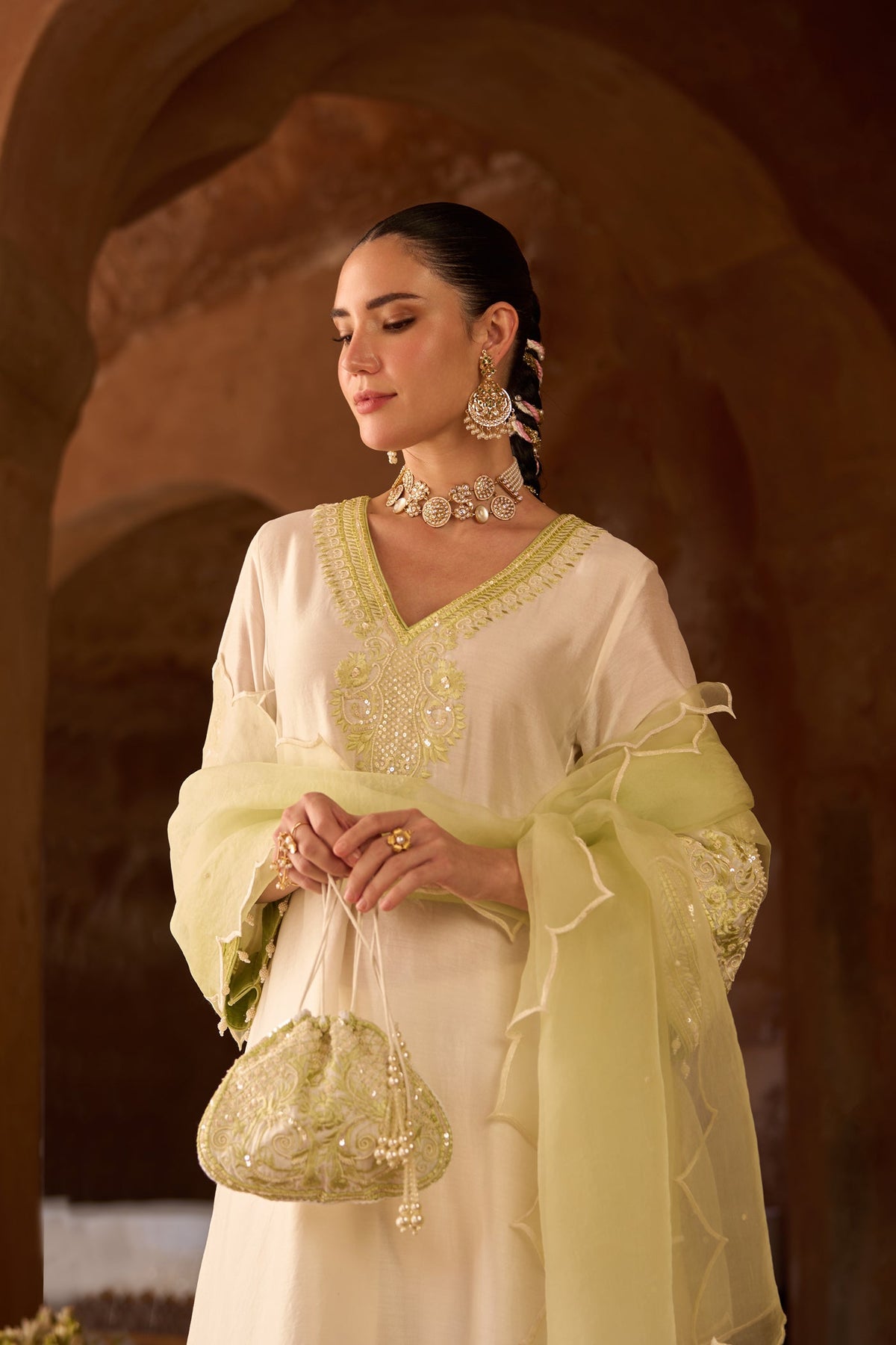 SAHABAT - DAISY IVORY WITH MINT GREEN KAAFTAN WITH SALWAR