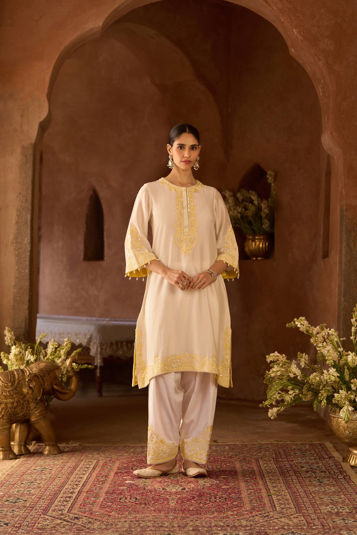 HANI - DAISY IVORY WITH LEMON YELLOW A-LINE KURTA WITH SALWAR AND DUPATTA