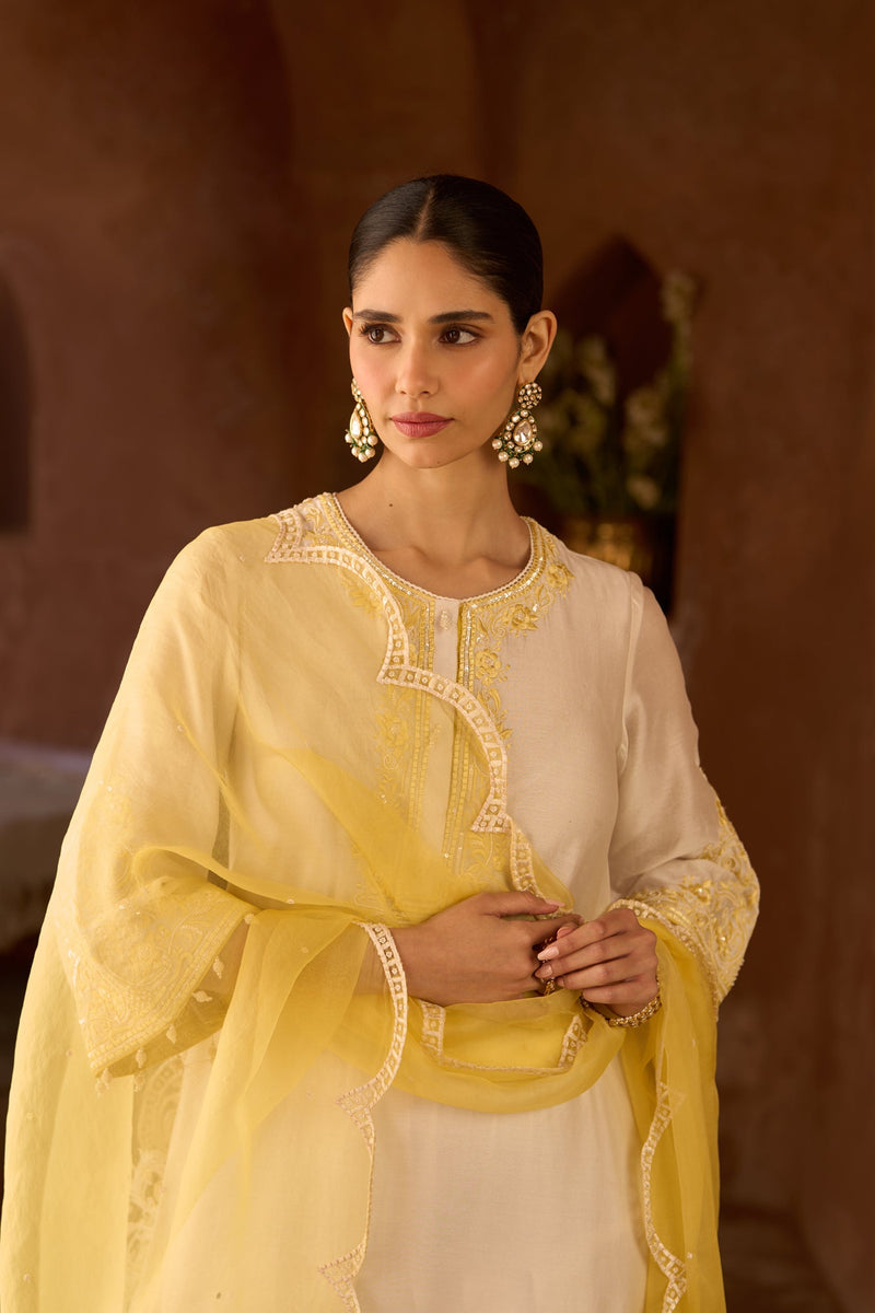 HANI - DAISY IVORY WITH LEMON YELLOW A-LINE KURTA WITH SALWAR AND DUPATTA