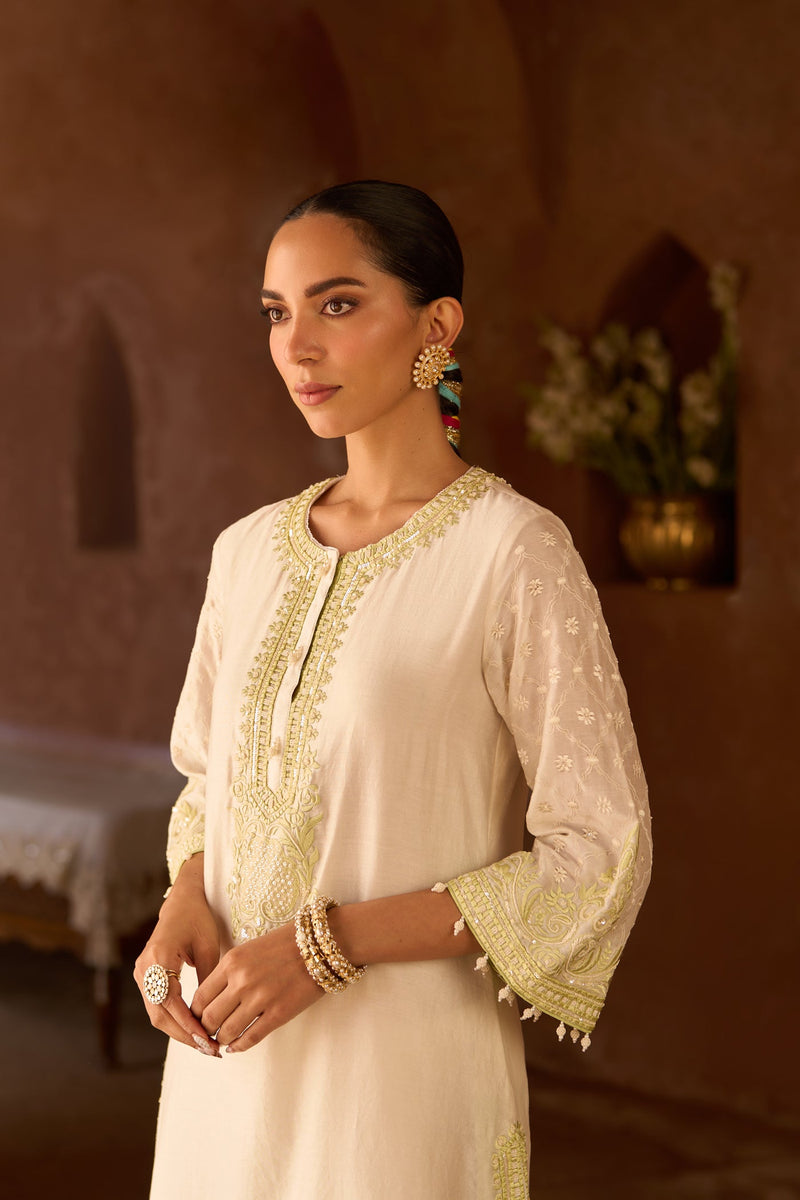 RUHI - DAISY IVORY WITH MINT GREEN SHORT KURTA AND DHOTI