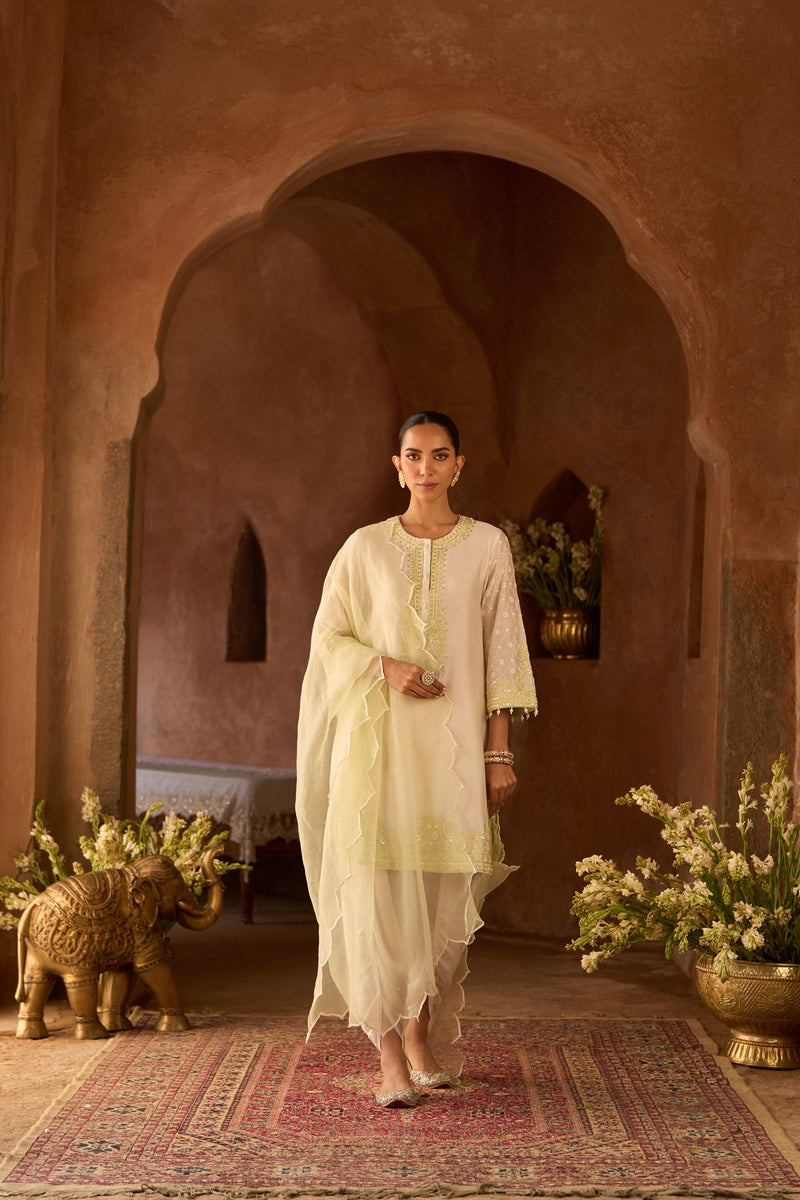 RUHI - DAISY IVORY WITH MINT GREEN SHORT KURTA AND DHOTI