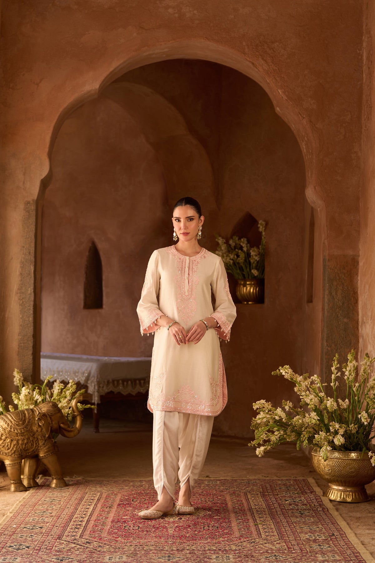 NYRA - DAISY IVORY WITH PINK SHORT KURTA AND DHOTI (LXRTS)