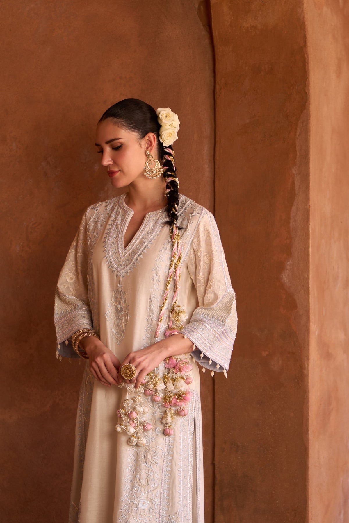 NURVI - DAISY IVORY WITH BLUE LONG A-LINE KURTA WITH PALAZZO AND DUPATTA (LXRTS)