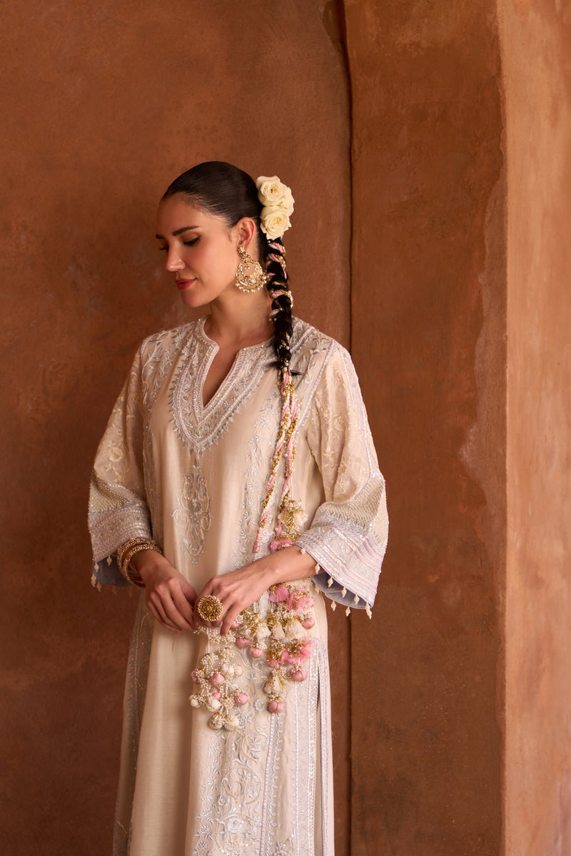 NURVI - DAISY IVORY WITH BLUE LONG A-LINE KURTA WITH PALAZZO AND DUPATTA (LXRTS)