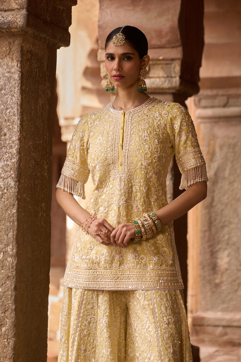 HEER - LEMON YELLOW SHORT KURTA WITH SHARARA AND DUPATTA