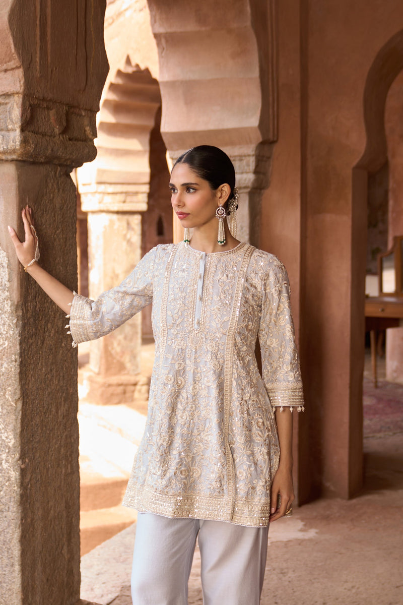 SABOOR - BLUE SHORT A-LINE KURTA WITH STRAIGHT PANTS AND DUPATTA