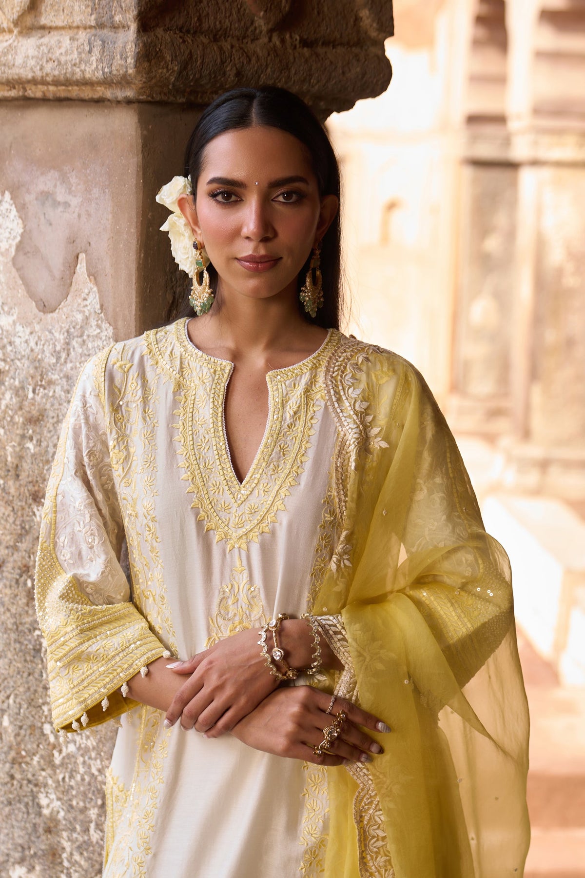 NURVI - DAISY IVORY WITH LEMON YELLOW LONG A-LINE KURTA WITH PALAZZO AND DUPATTA