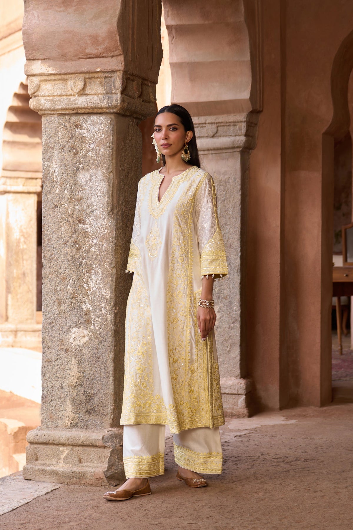 NURVI - DAISY IVORY WITH LEMON YELLOW LONG A-LINE KURTA WITH PALAZZO AND DUPATTA