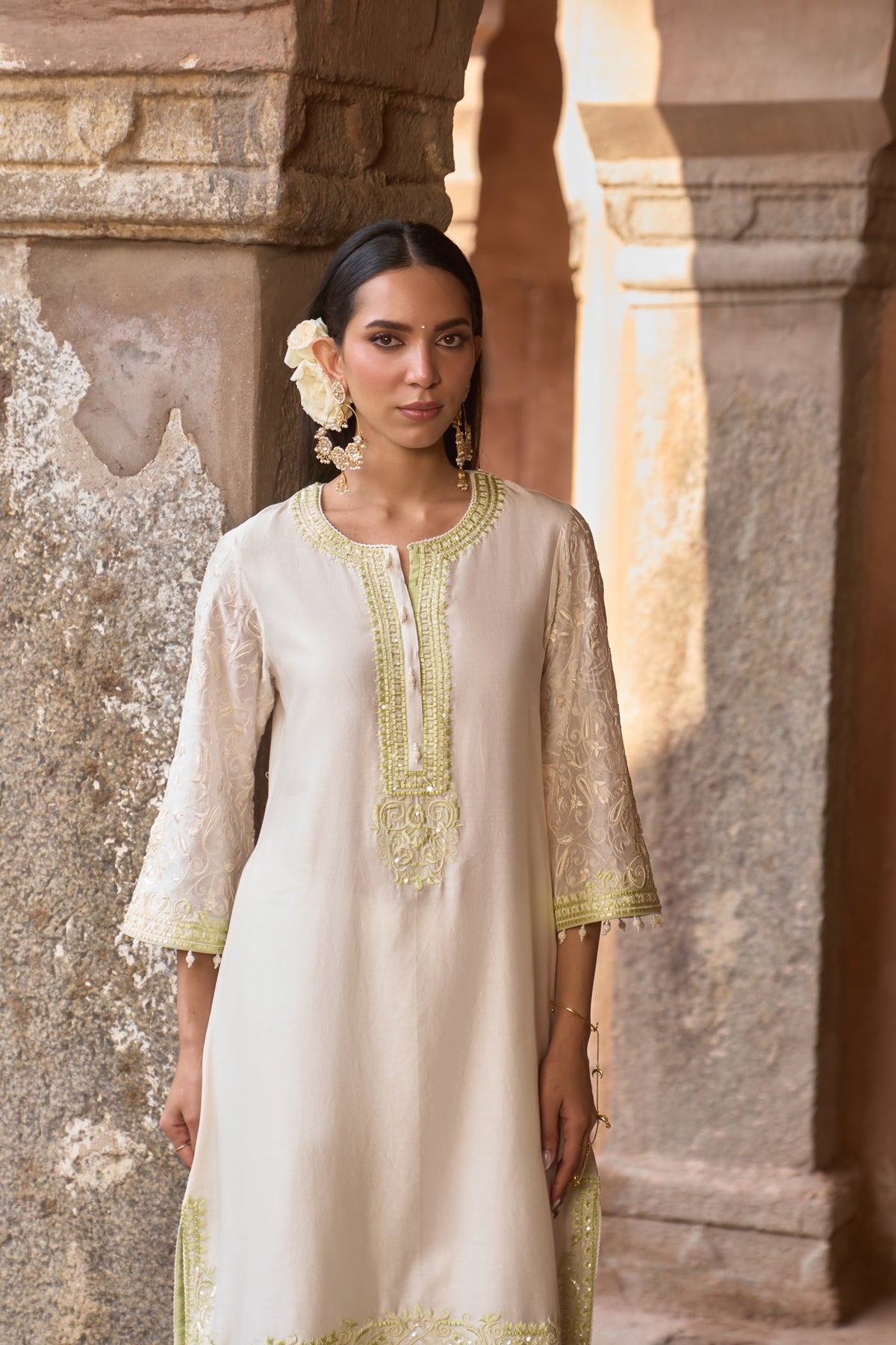ANAM - DAISY IVORY WITH MINT GREEN A-LINE KURTA WITH SALWAR AND DUPATTA