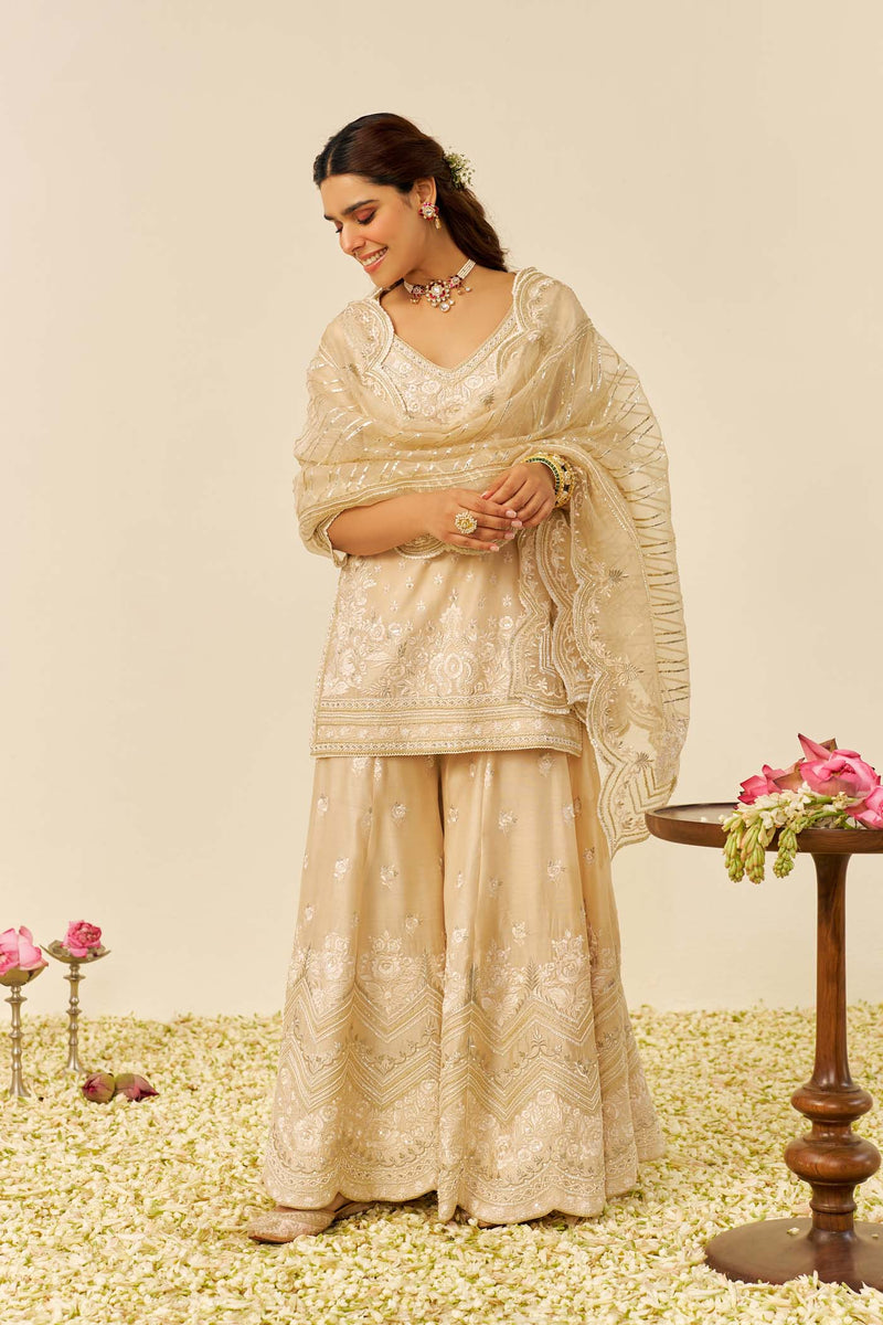 SAMEEHA - Beige SHORT KURTA WITH SHARARA