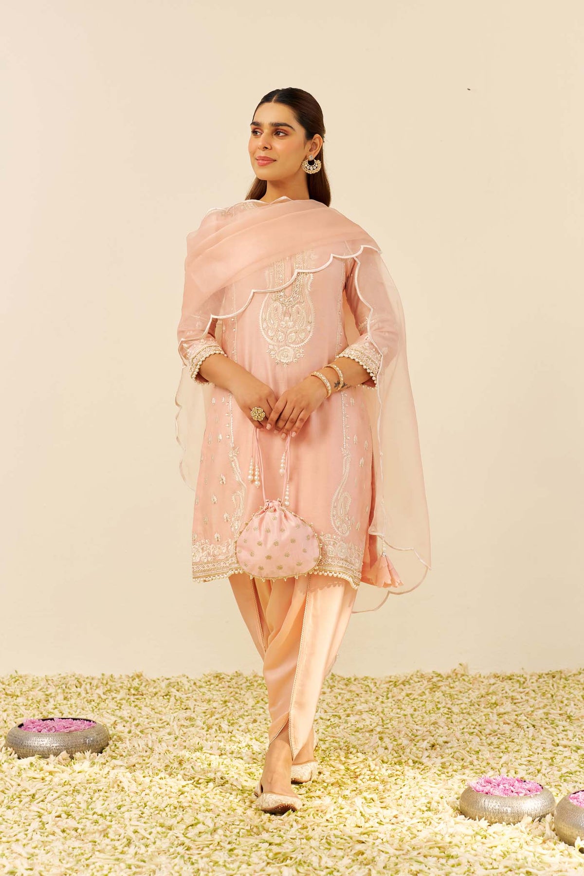 Zahra - Off Rose Short Kurta With Dhoti