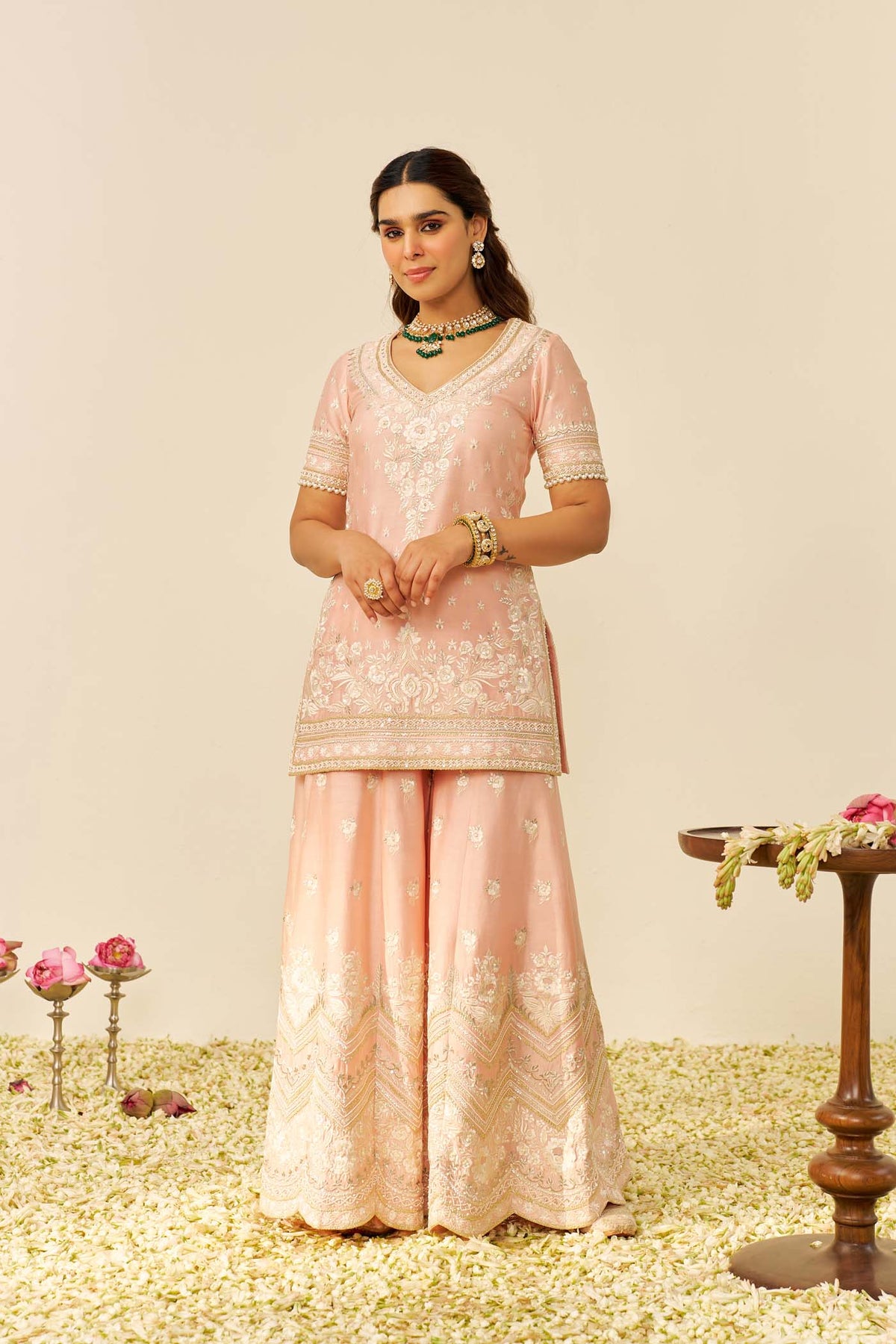 SAMEEHA - Off Rose SHORT KURTA WITH SHARARA