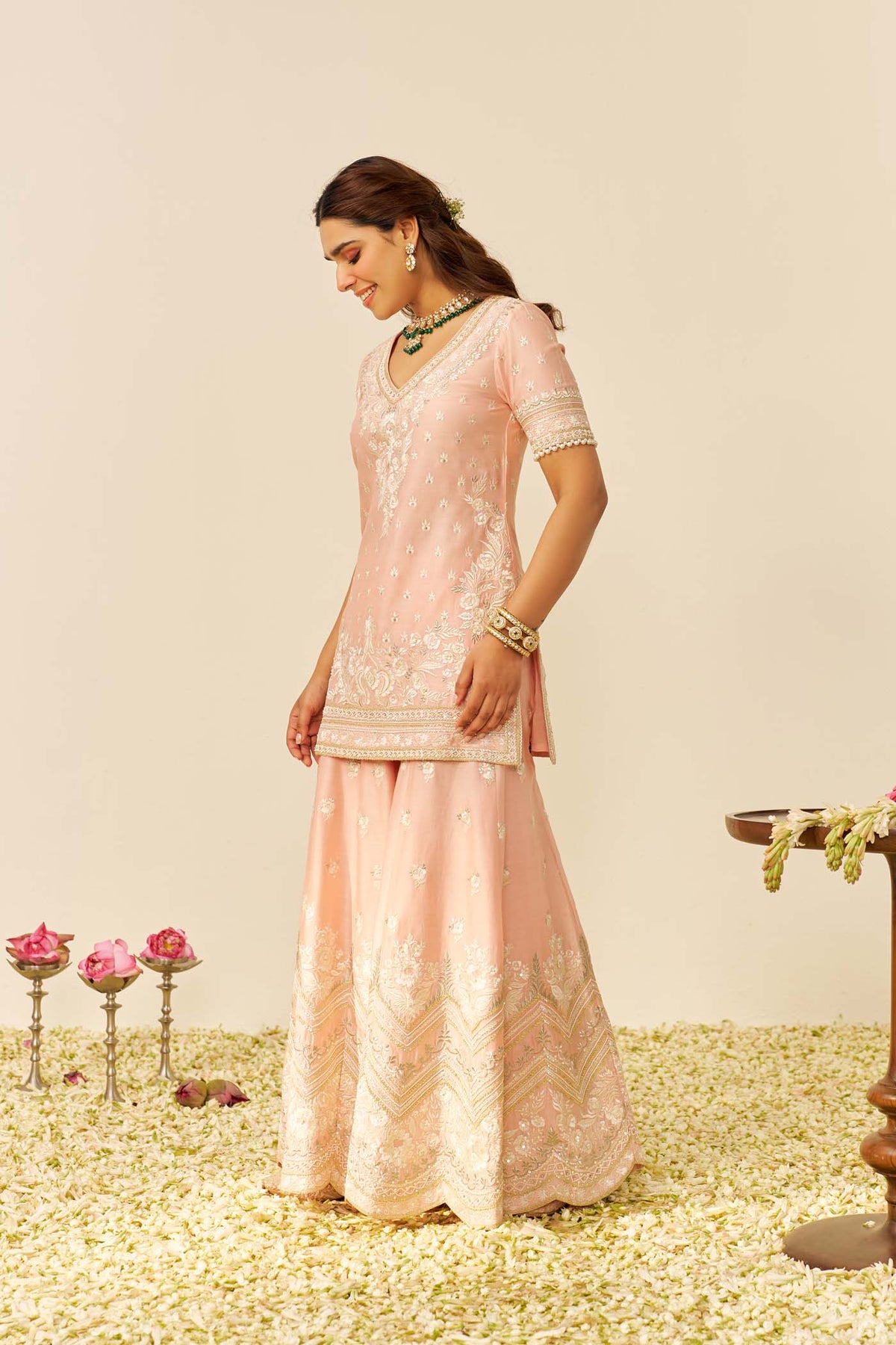 SAMEEHA - Off Rose SHORT KURTA WITH SHARARA