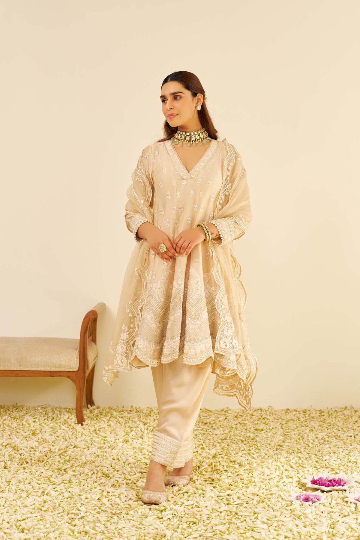 MEERAM - Beige SHORT ANARKALI WITH SALWAR