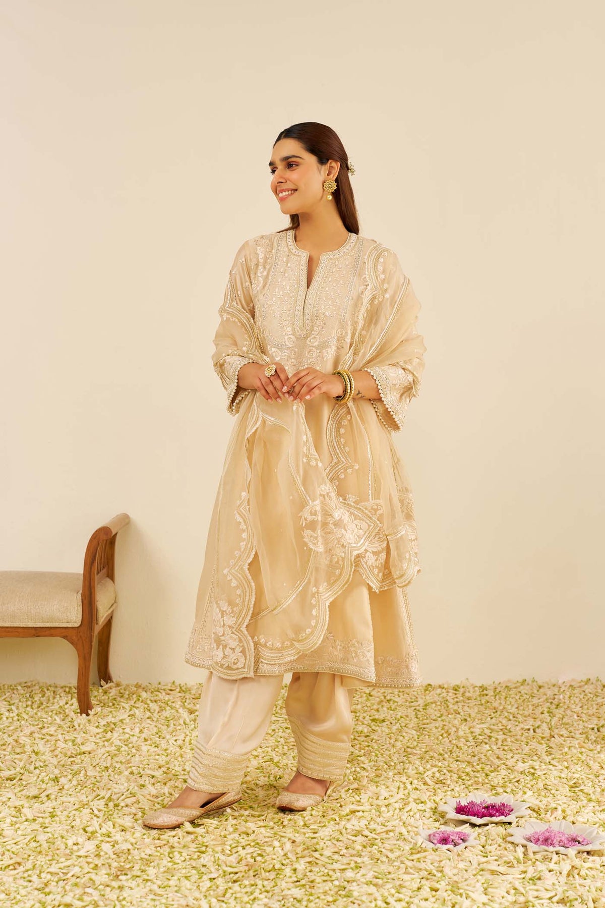 MAAROOFA - Beige LONG CHAUGA WITH SALWAR