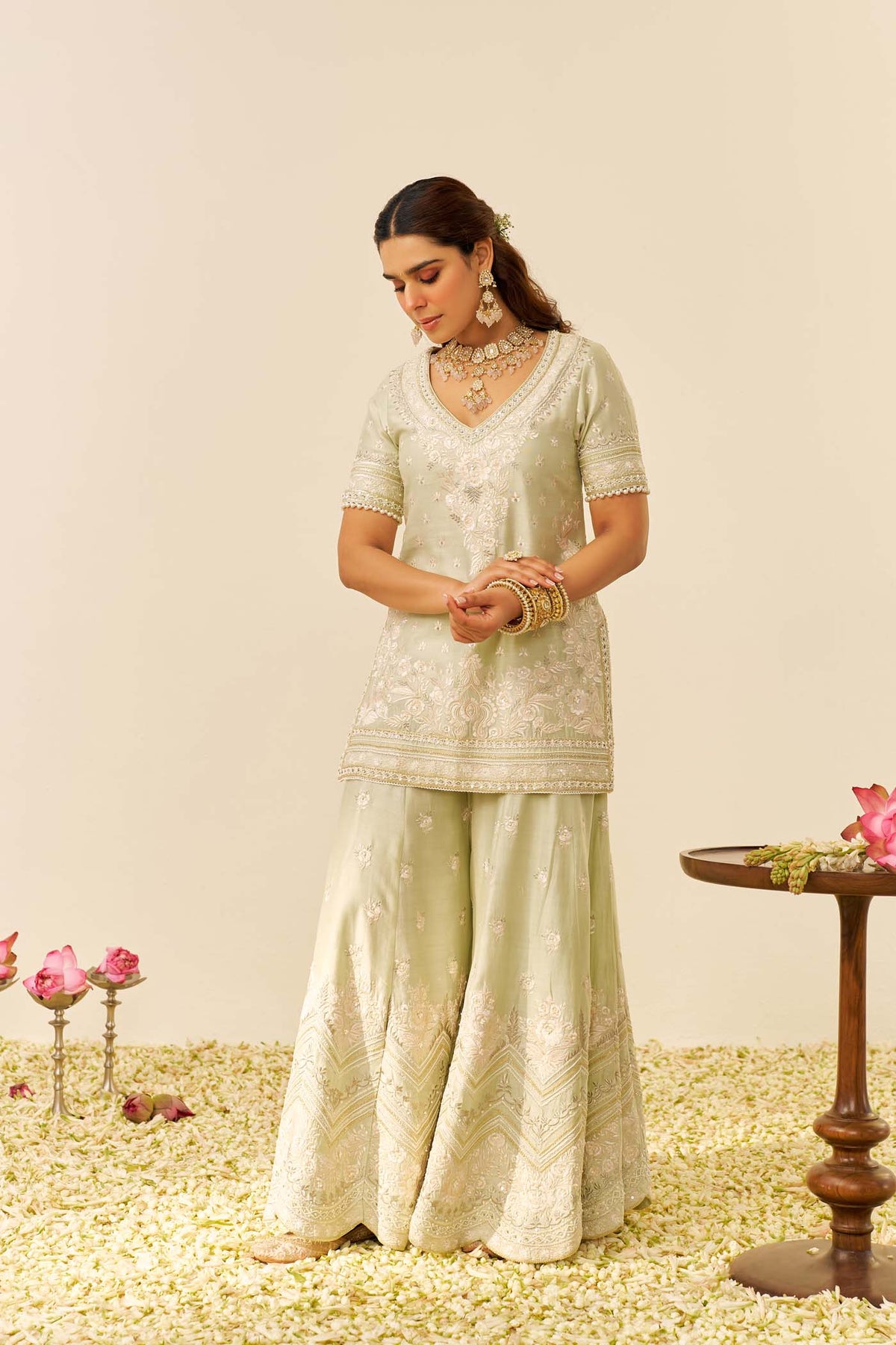SAMEEHA - Mint Green SHORT KURTA WITH SHARARA