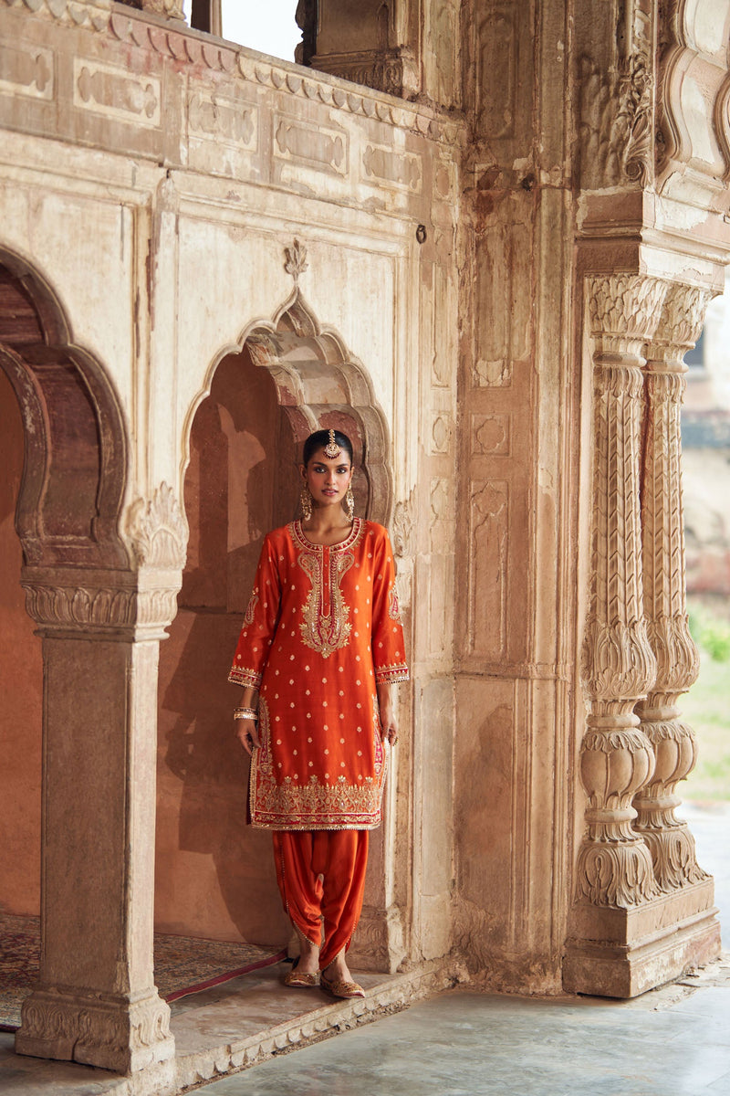 FAHMIDA - BURNT ORANGE SHORT KURTA WITH TULIP PANT