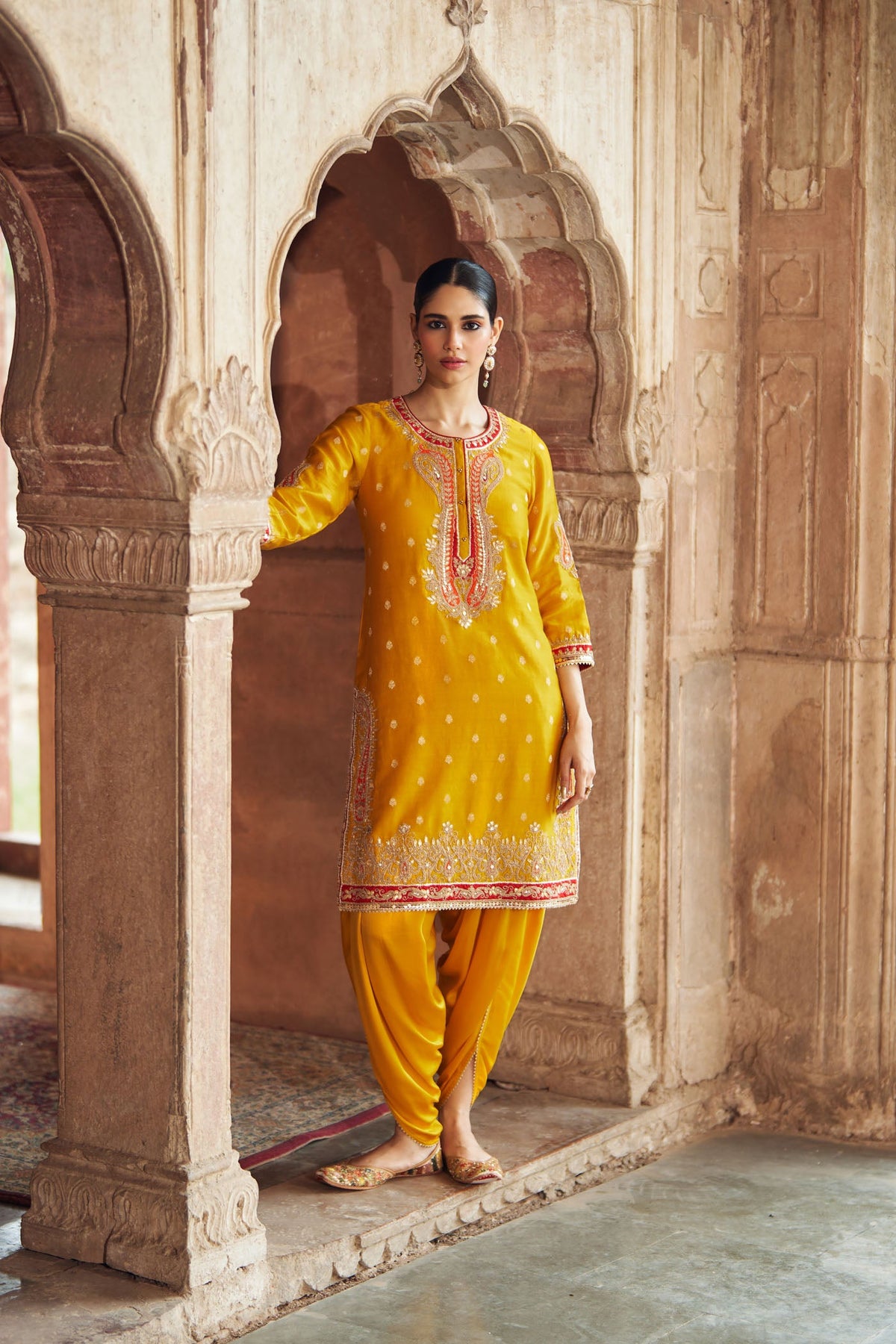 FAHMIDA - Heirloom Mustard SHORT KURTA WITH TULIP PANT