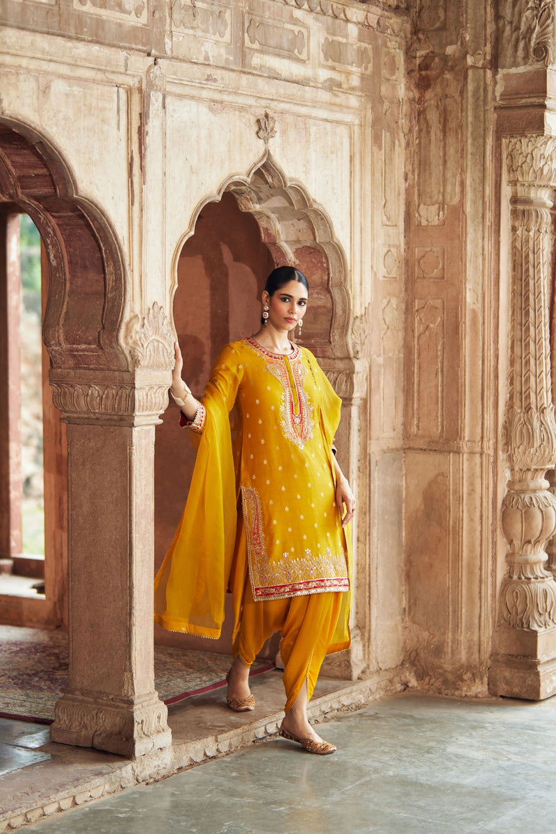 FAHMIDA - Heirloom Mustard SHORT KURTA WITH TULIP PANT
