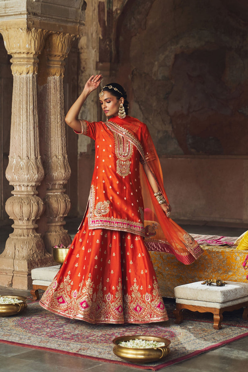 AREESHA - BURNT ORANGE SHORT KURTA WITH SHARARA AND DUPATTA