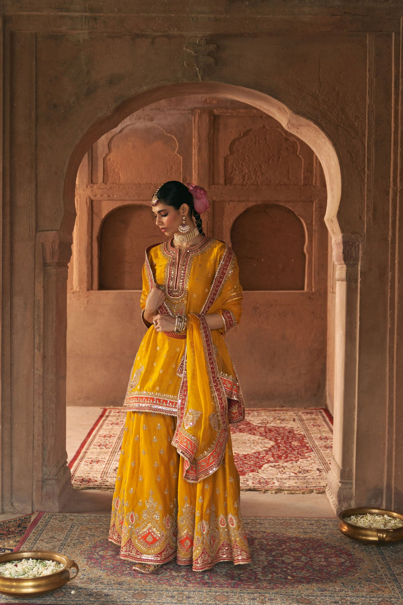 AREESHA - Heirloom Mustard SHORT KURTA WITH SHARARA AND DUPATTA