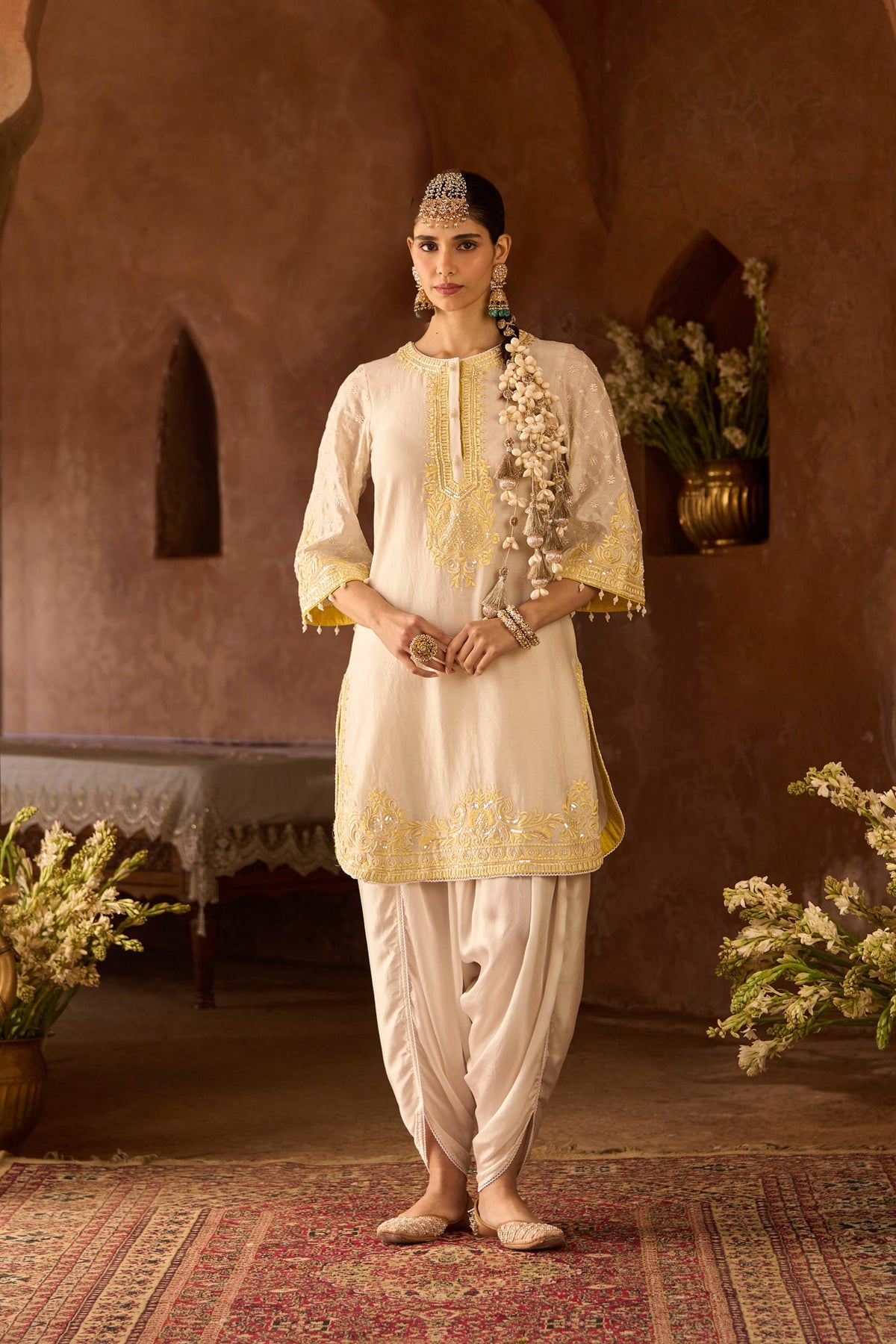 Tasheen In RUHI - DAISY IVORY WITH LEMON YELLOW SHORT KURTA AND DHOTI
