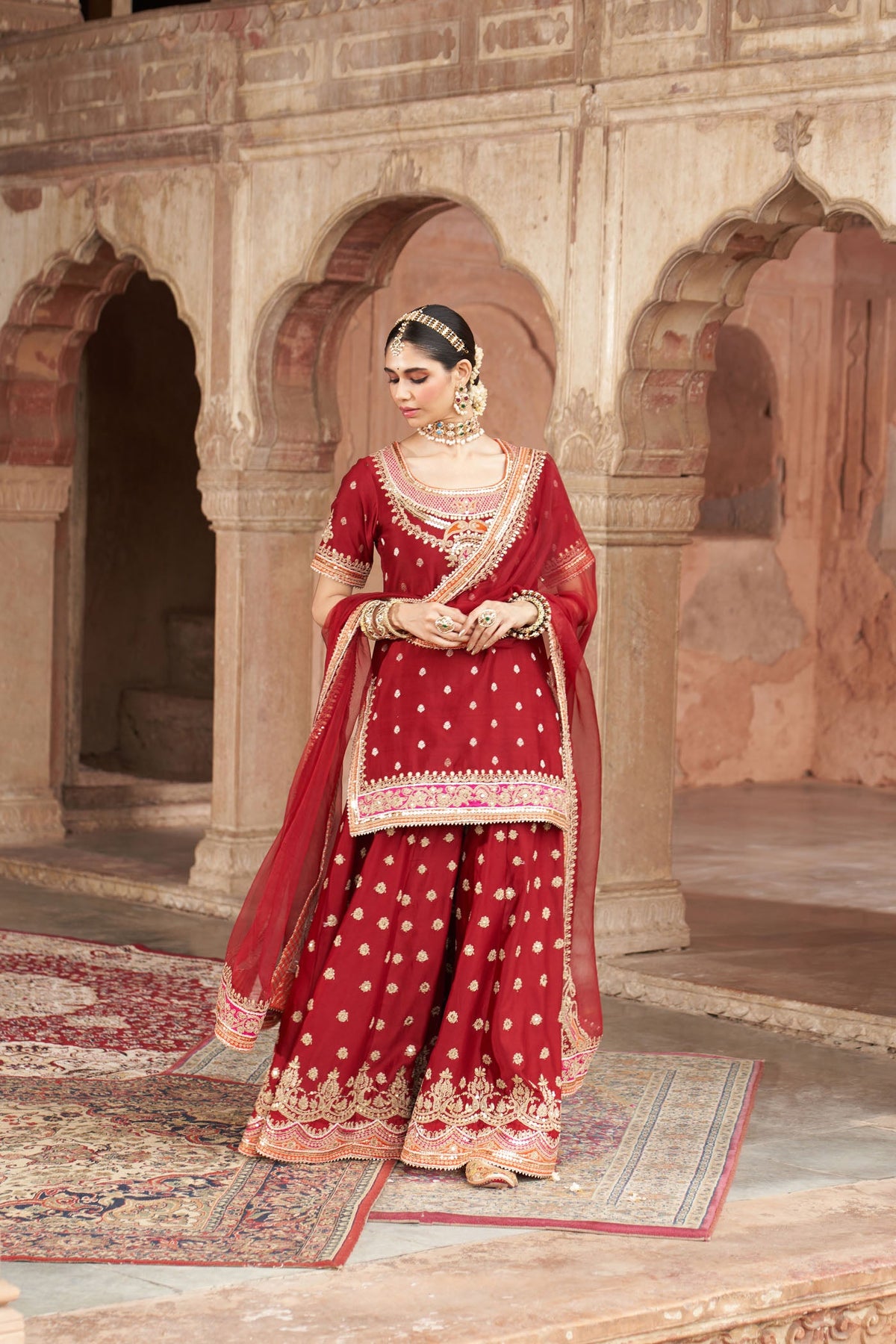 SAMREEN - DEEP RED SHORT KURTA WITH SHARARA AND DUPATTA