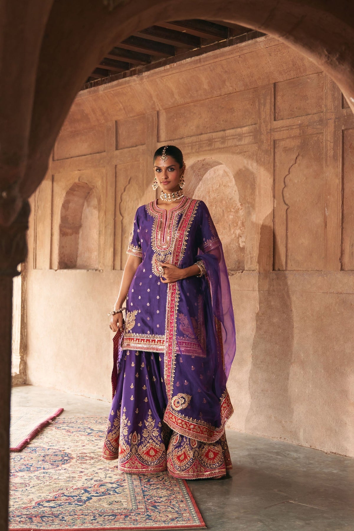 AREESHA - DEEP PURPLE SHORT KURTA WITH SHARARA AND DUPATTA (Lxrts)