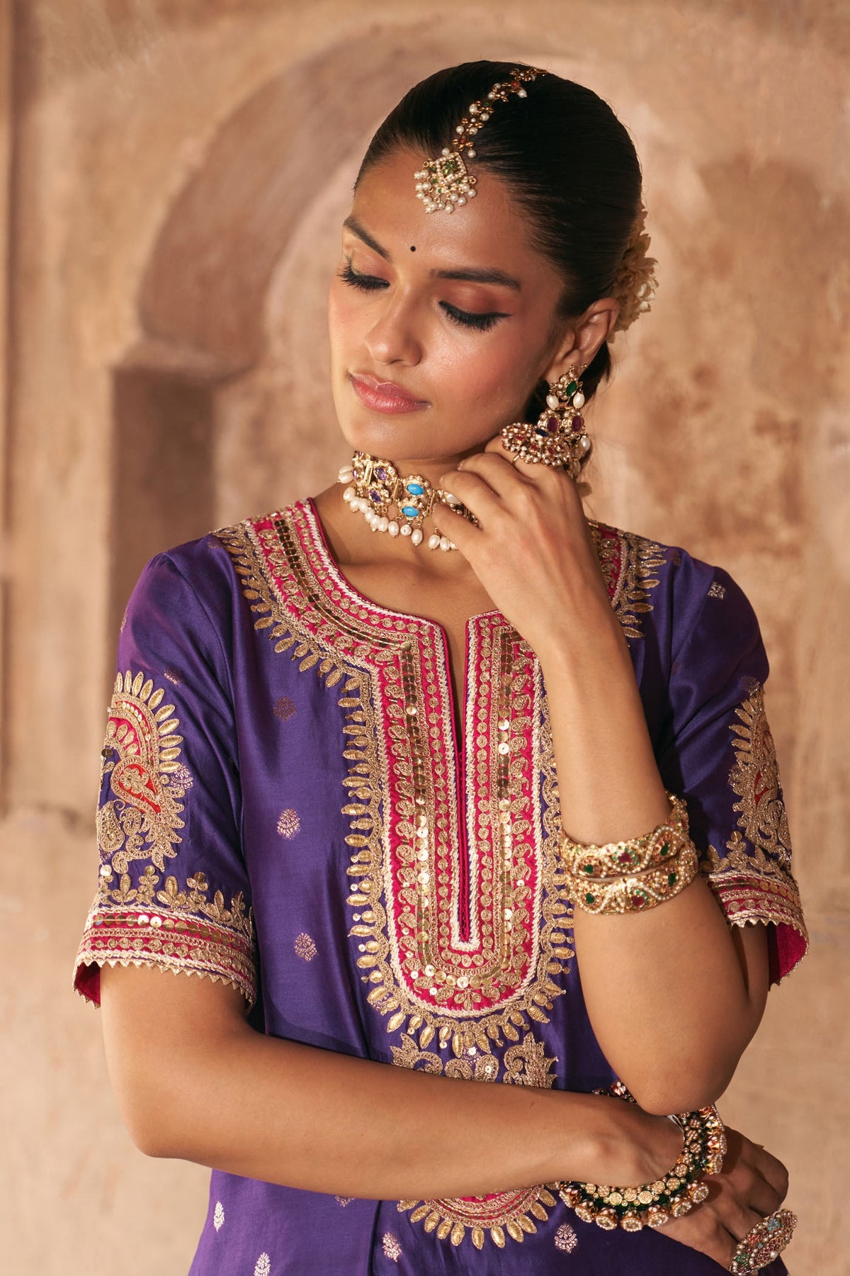 Shruti Juneja IN AREESHA - DEEP PURPLE SHORT KURTA WITH SHARARA AND DUPATTA