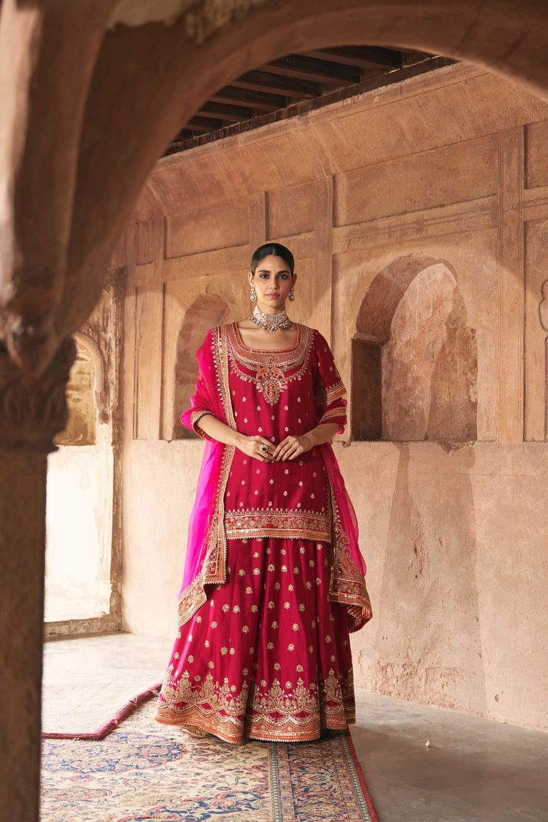 SAMREEN - Rani Hotpink SHORT KURTA WITH SHARARA AND DUPATTA