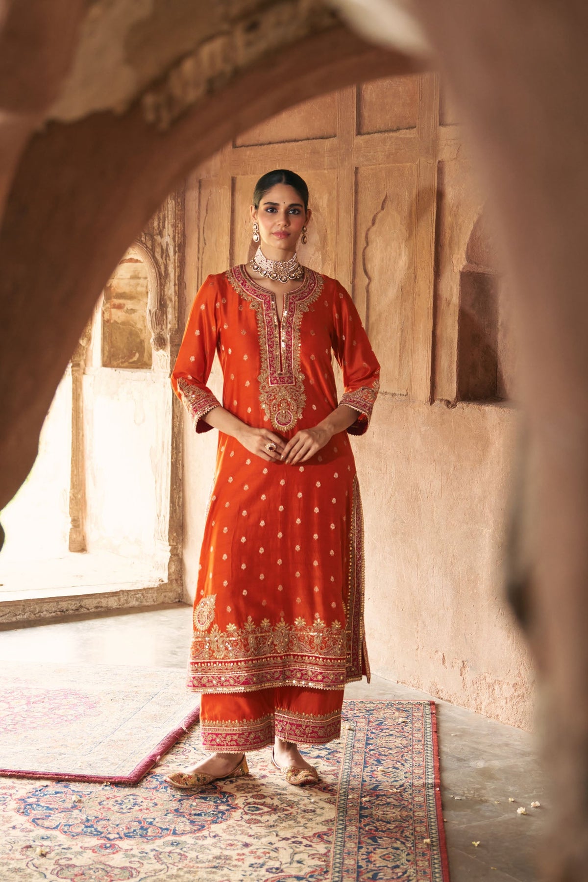 Musakn sethi In SOBIA - BURNT ORANGE LONG KURTA WITH PALAZZO AND DUPATTA