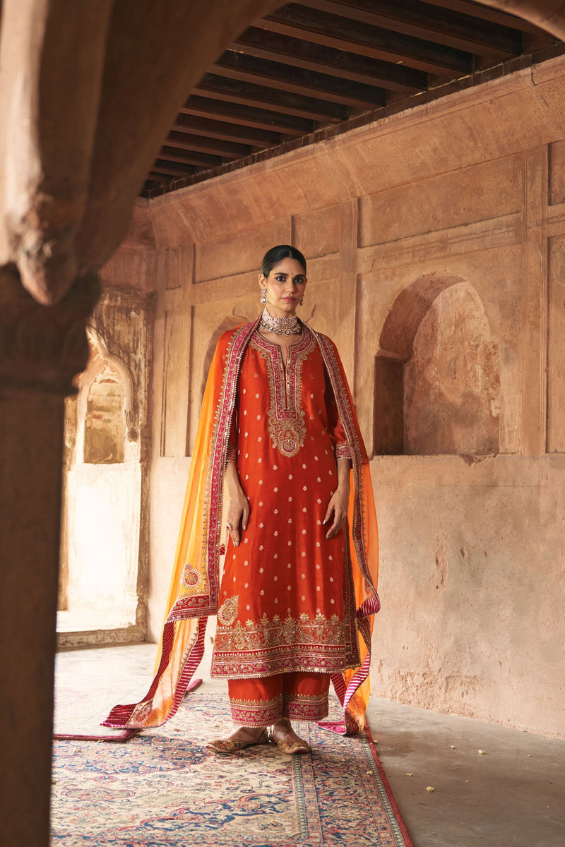 Musakn sethi In SOBIA - BURNT ORANGE LONG KURTA WITH PALAZZO AND DUPATTA