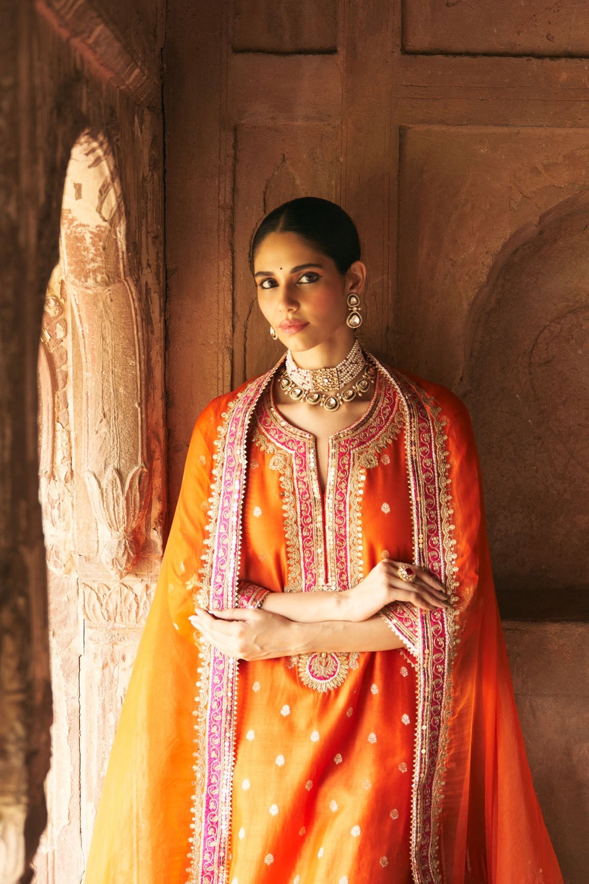SOBIA - BURNT ORANGE LONG KURTA WITH PALAZZO AND DUPATTA (Lxrts)