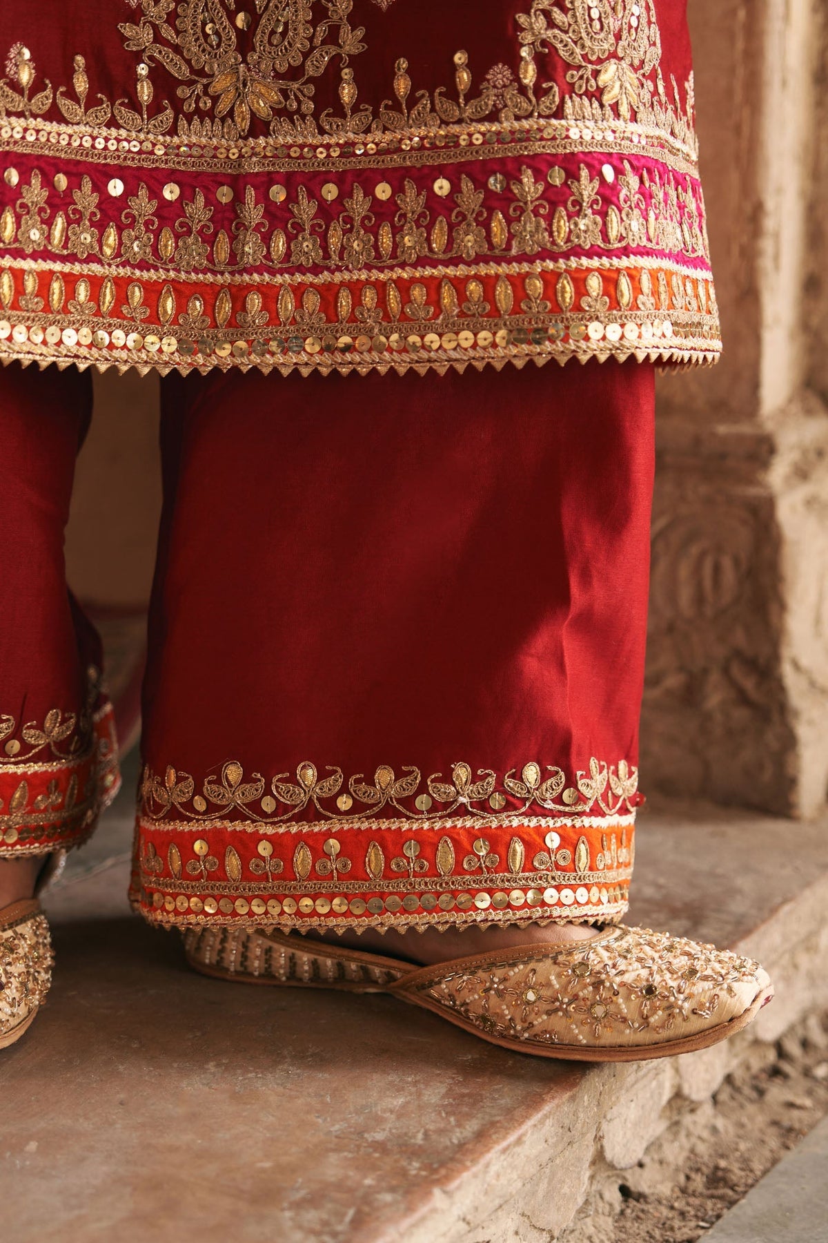 SUMAIRA - DEEP RED LONG KURTA WITH PALAZZO AND DUPATTA (Lxrts)