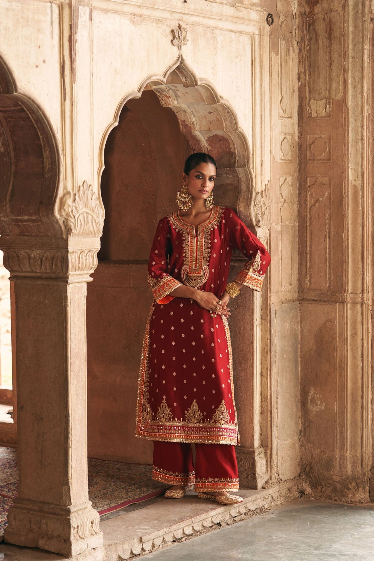 SUMAIRA - DEEP RED LONG KURTA WITH PALAZZO AND DUPATTA (Lxrts)