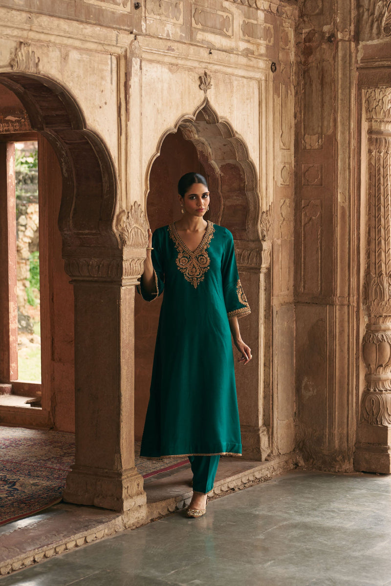 HAAYAT - EMERALD GREEN LONG KAFTAN WITH SALWAR