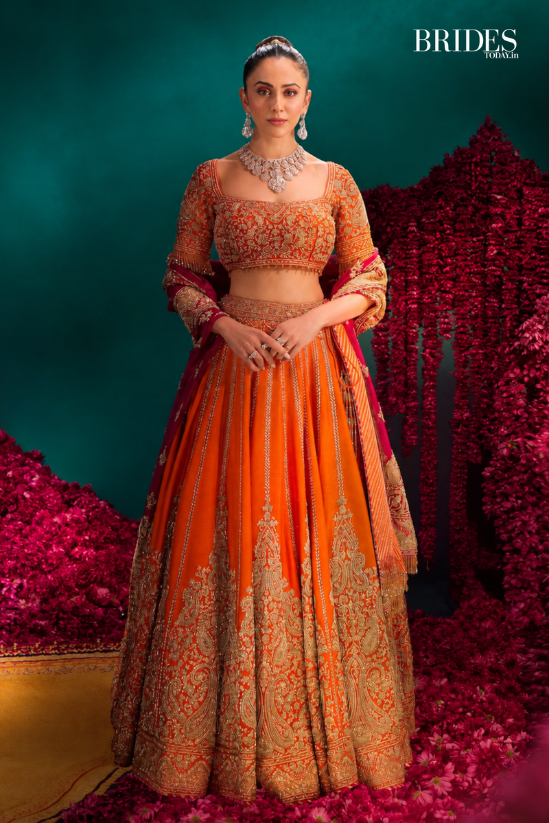 Rakul Preet Singh In Nagma  - Orange Lehenga Set with Blouse & Rani Hot Pink Dupatta