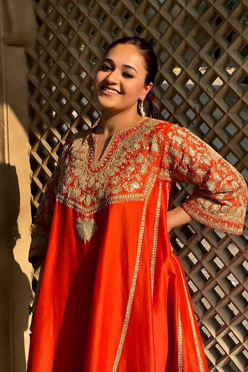 Simran Rajpal In Aiman - Burnt Orange Short Knee Length Choga with Salwar and Odhni